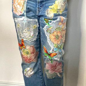 Reworked, upcycled Jeans/hand stitched jeans/boho jeans/reworked jeans/unique